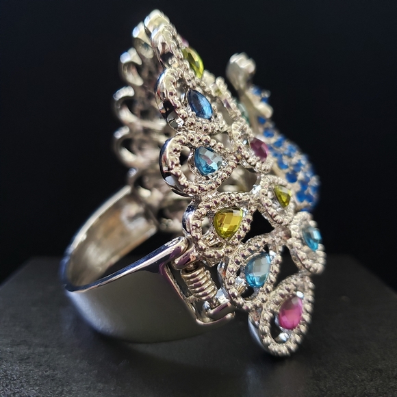 Peacock Bracelet Statement Piece Rhinestone Crystals Spring Tension Clasp NWT - Picture 4 of 7